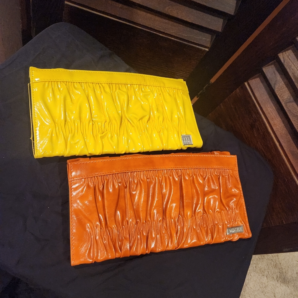 Miche Patent Ruched Yellow and Orange Clutch Duo